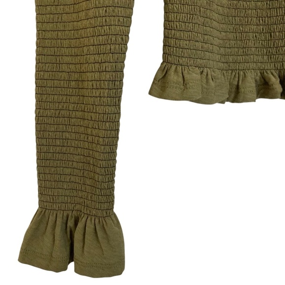 NATION LTD Yael Smocked High Ruffle Neck Top Ozark Green Pima Cotton Cutout Back - Picture 11 of 16